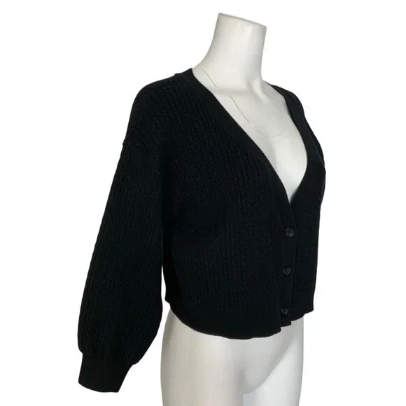 Alice + Olivia Zelina Deep V Cardigan Sweater M Black Cropped Cable Knit - Picture 4 of 12